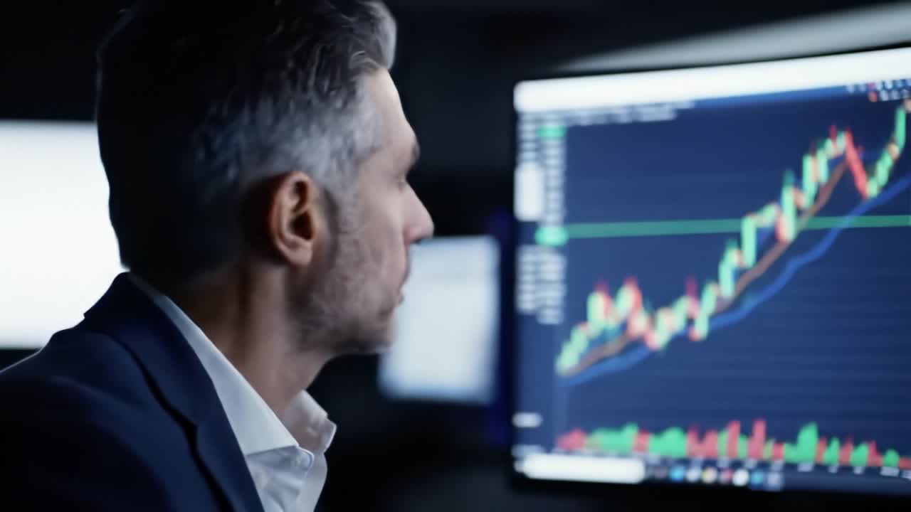 A Focused Trader Analyzing Market Trends on Dual Monitors with Dynamic Charts and Data in a High-Tech Trading Environment