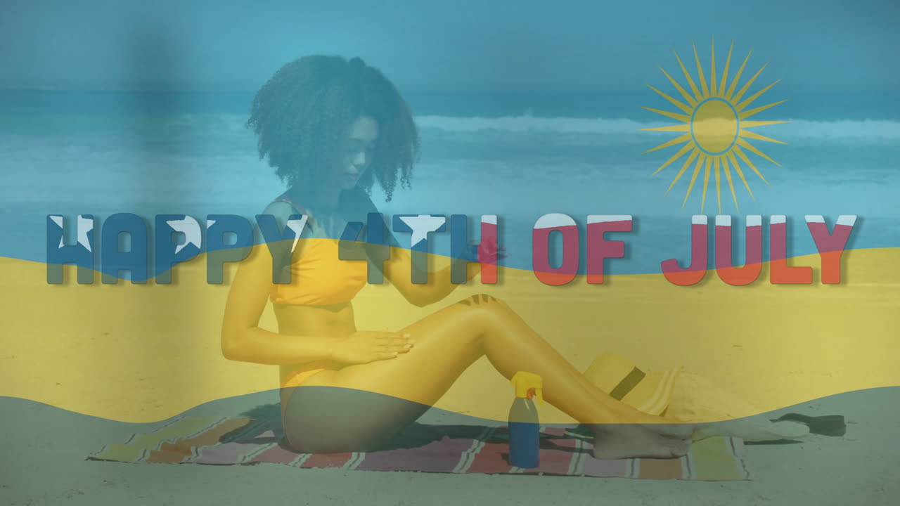 Applying sunscreen on beach, woman with Happy 4th of July animation overlay