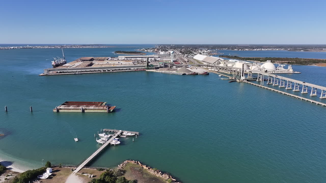 Aerial shot of Morehead NC and water surrounding the area, port