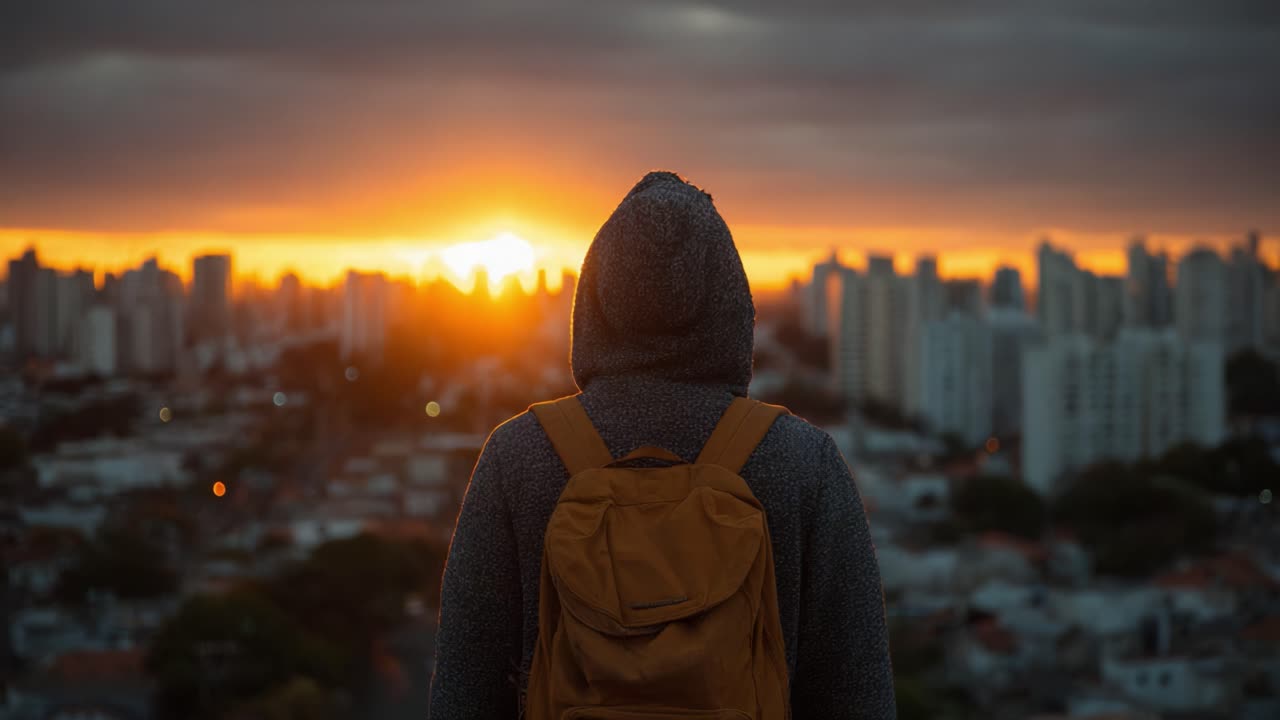 Una figura solitaria che contempla l'impressionante skyline della città durante un tramonto spettacolare, catturando l'essenza dell'avventura e della contemplazione in un paesaggio urbano