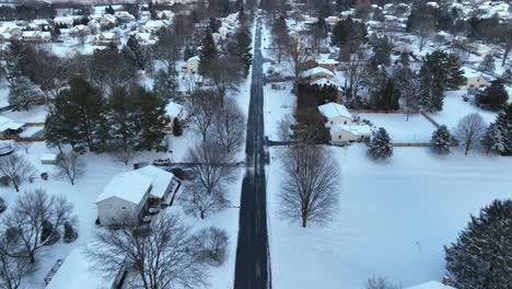 aerial of a snowy neighborhood with roads flanked by trees