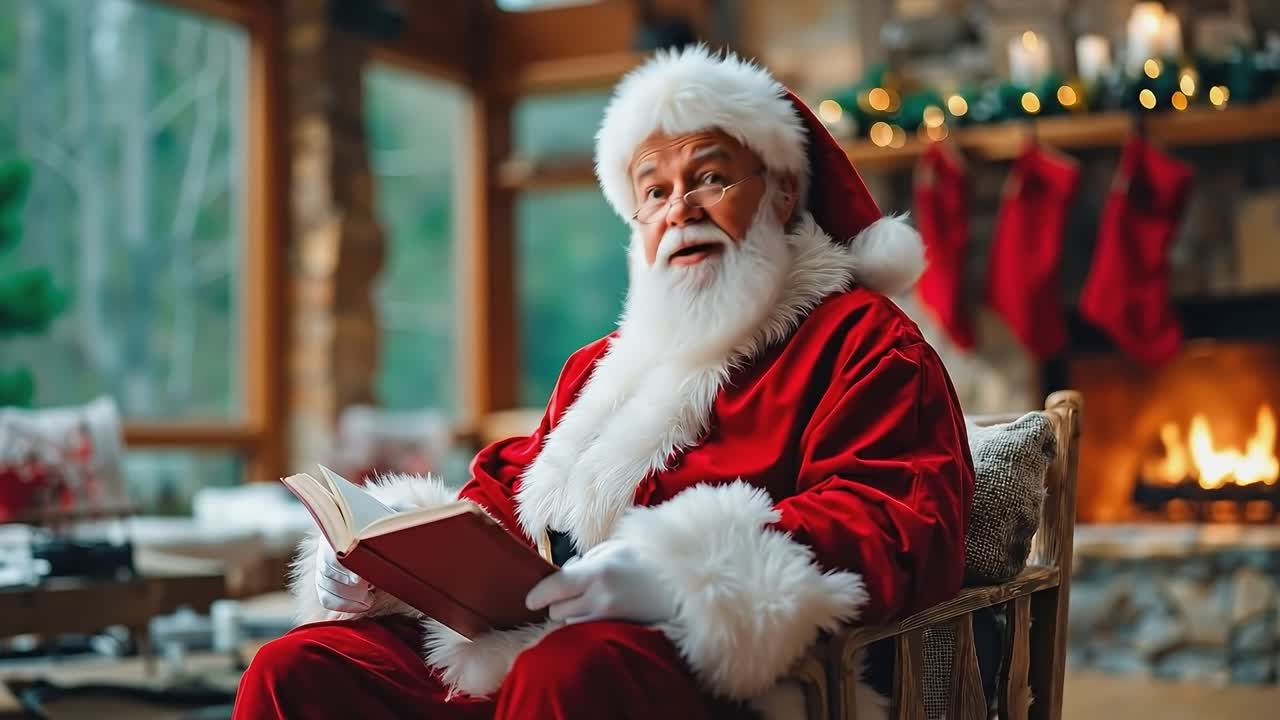 A man dressed as Santa Claus sitting in a chair reading a book