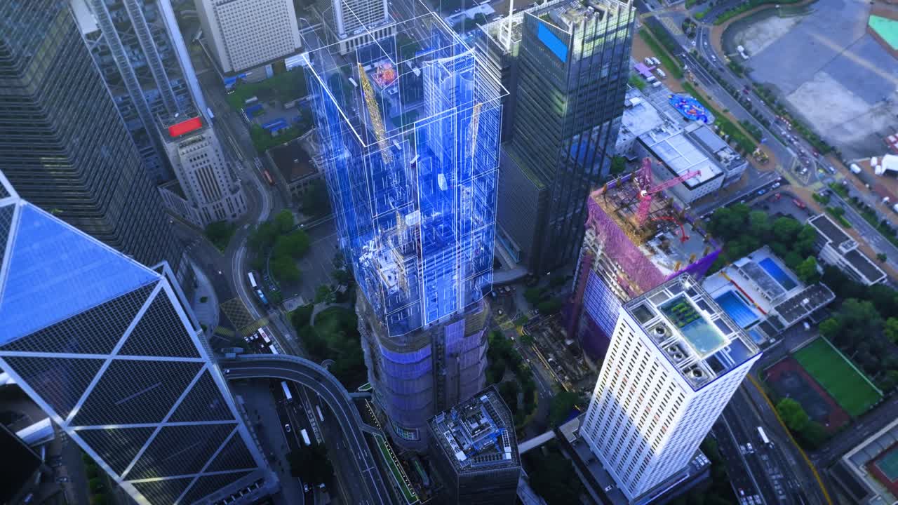 Aerial orbit shot of digital motion graphic showing construction site structure on top of new skyscraper building in Hong Kong City