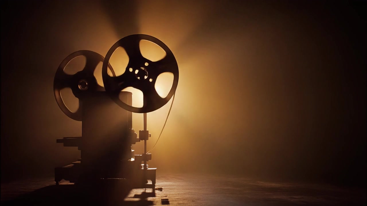 Proiettore Cinematografico Vintage in Funzione in una Stanza Buia con Controluce