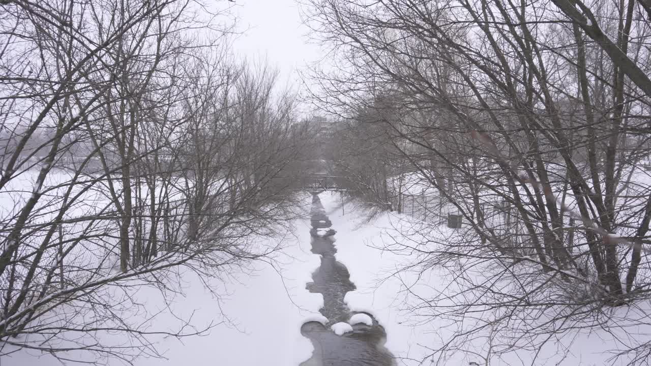 A static shot of a creek in a small town as it snows nestled between the trees