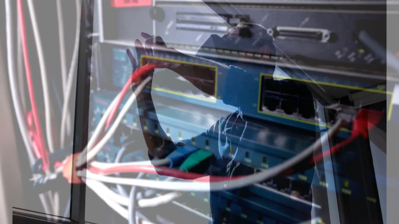 animación de hombres usando auriculares vr sobre la sala del servidor