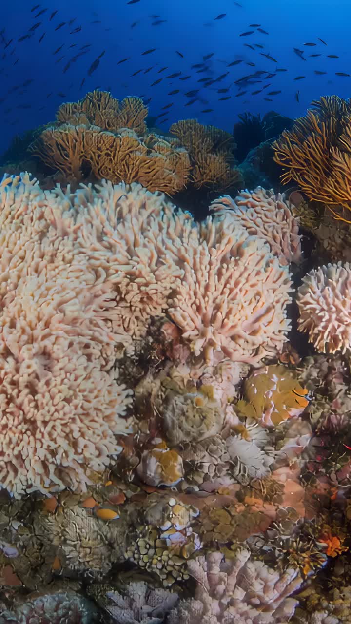 Video verticale: la camera si allontana mostrando un grande corallo ramificato chiaro sulla barriera corallina con gorgonie gialle