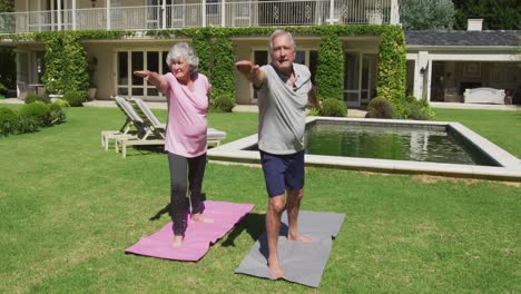 feliz pareja de ancianos caucásicos practicando yoga en el jardín de pie y estirándose en el sol