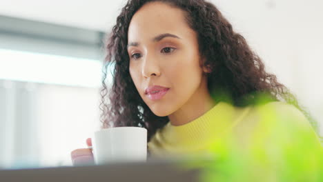 Remote-work,-reading-and-a-woman-drinking-coffee