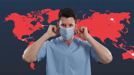 caucasian male health worker wearing a face mask against light trails over world map