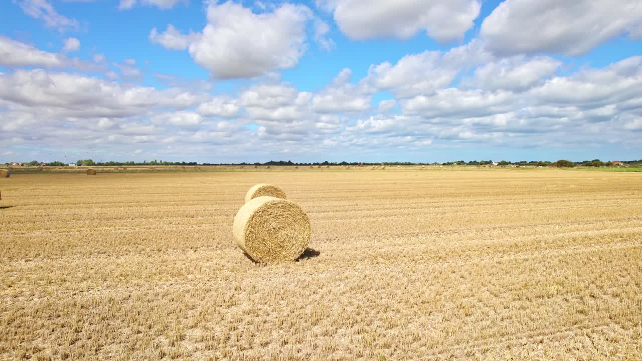 High above the landscape, a row of wind turbines twirls elegantly within a Lincolnshire farmer's freshly harvested field, with golden hay bales enhancing the view