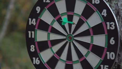nahaufnahme einer dartscheibe, während darts auf die tafel treffen