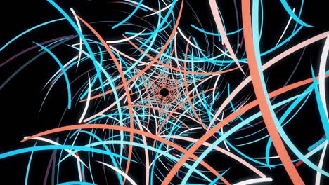 abstract flight in futuristic corridor with many bended colorful lines that forming a pattern of a snowflake, seamless loop. animation. bright curved lines, geometric endless tunnel