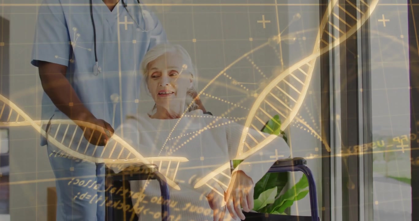 Sygeplejerske holder fast i kørestol og hjælper patient forbi en potteplante, mens gyldne DNA-helix-grafikker hvirvler.