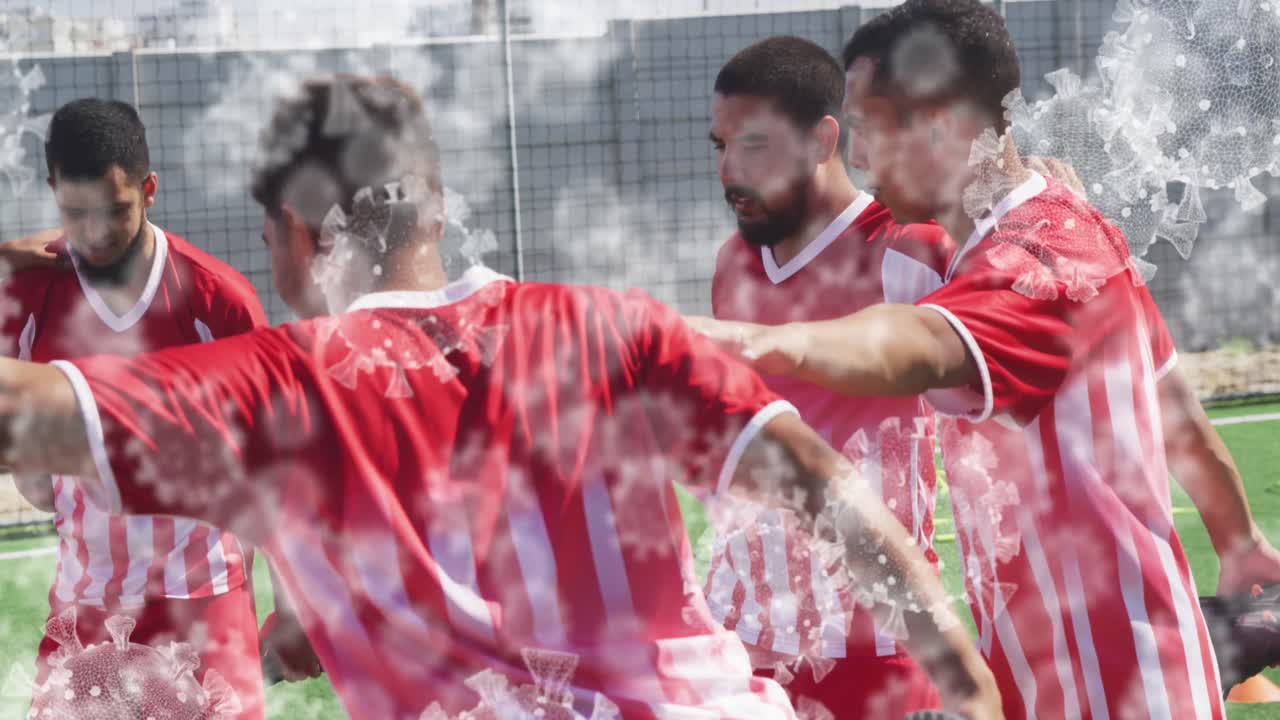 animación de células de virus sobre diversos jugadores de fútbol masculino