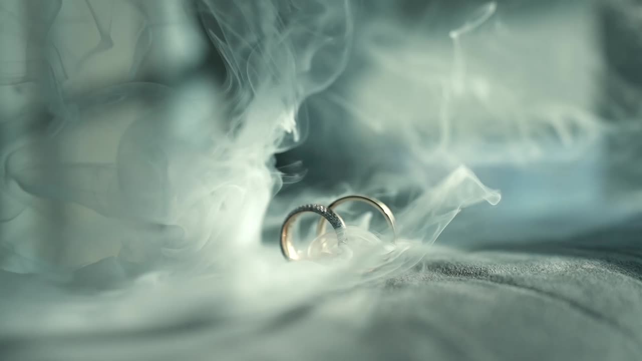 Static detail close-up shot of two gold wedding rings resting on soft white lace or tulle fabric with soft natural light and smoke effect subtle shadow creating romantic wedding ring detail