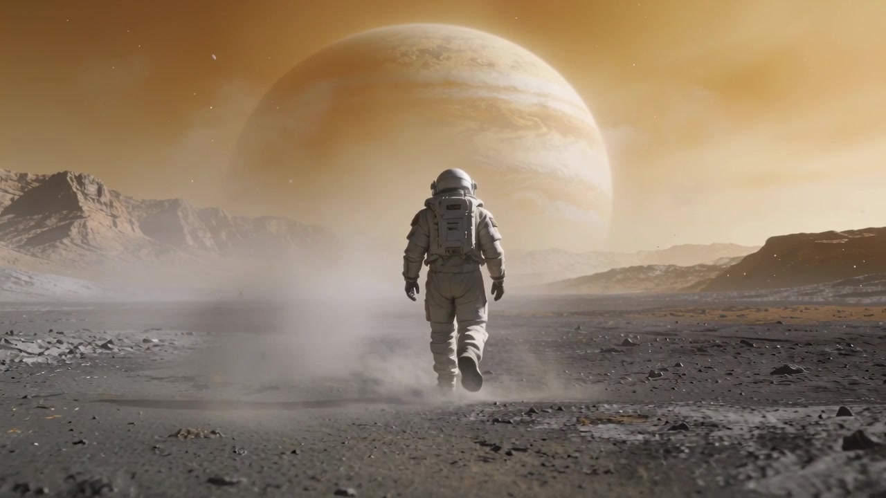 Astronaut træder i dragt med hjelm og rygsæk, sparker støv mod horisonten under en stribet planet.