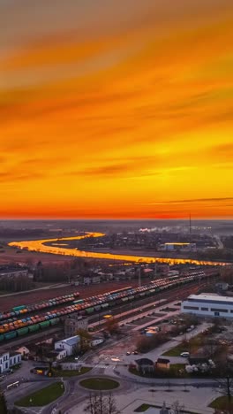 time-lapse of vivid red-orange sky glowing over train tracks and industrial buildings - vertical