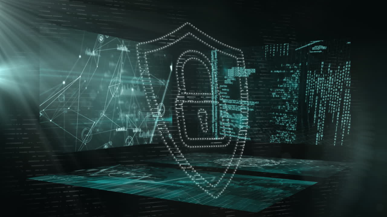 Animation of online security padlock over data processing on screens