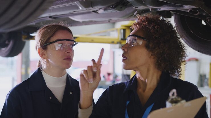 Female Tutor With Student Looking Underneath Car On Hydraulic Ramp On Auto Mechanic Course
