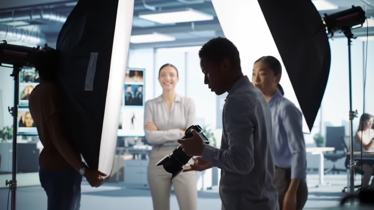 Behind the Scenes of a Professional Photoshoot: A Photographer Directing Models in a Studio Setting with Professional Lighting and Equipment