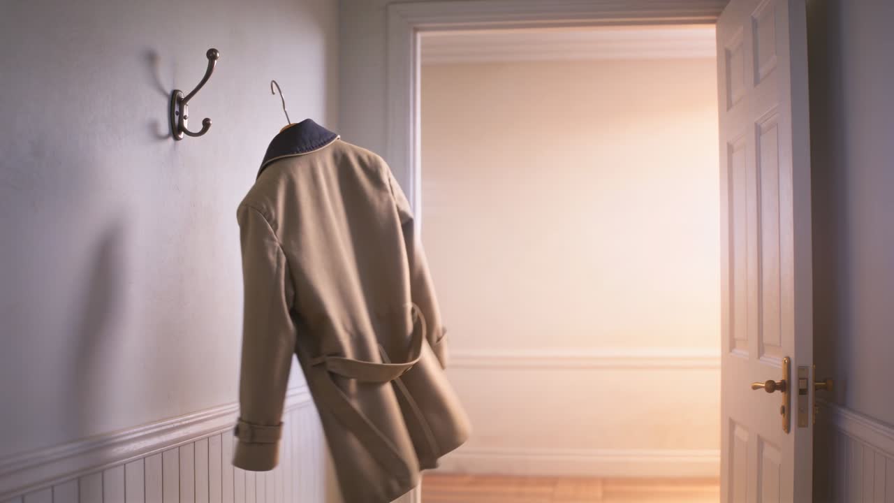 Trench coat beige che ondeggia su una gruccia, che oscilla attraverso una porta aperta verso un appendiabiti a muro
