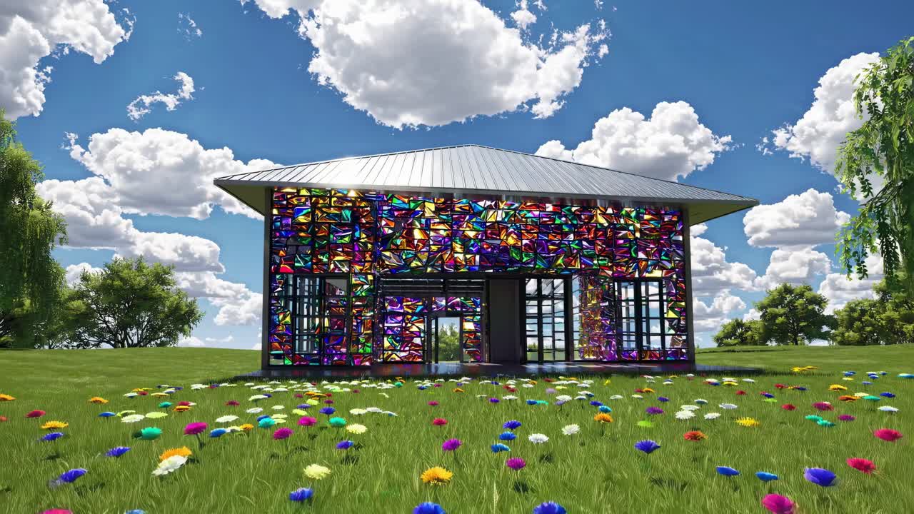 정원 에 있는 다채로운 현대적 인 유리 집