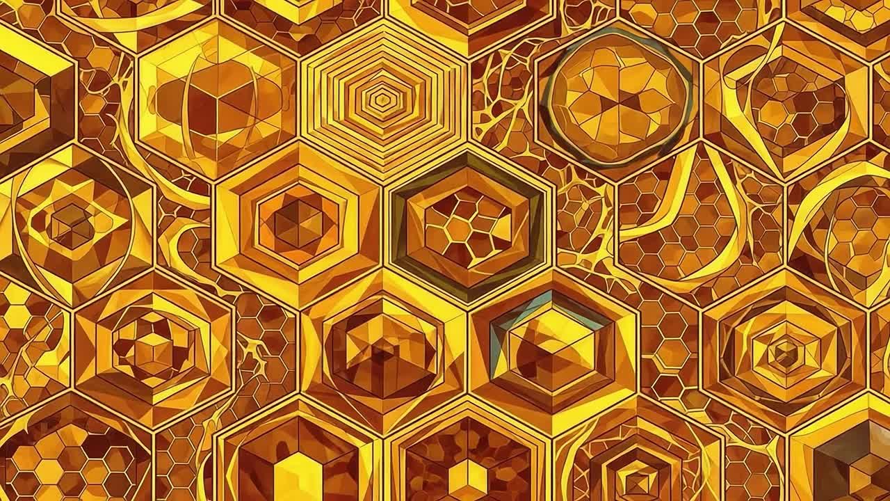 Intricate Honeycomb Pattern of Golden Hexagons with Geometric Shapes Creating a Vibrant, Textured Surface Rich in Color and Dimension, Perfect for Visual Aesthetics