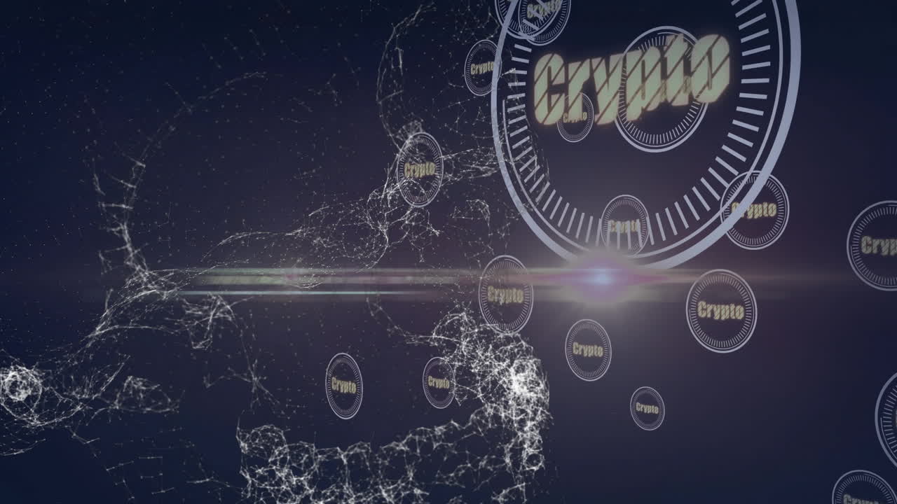 Digital network connections and Crypto text animation over dark abstract background