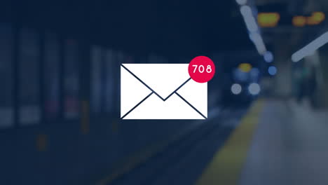 Message icon with increasing numbers train arriving against train station in background