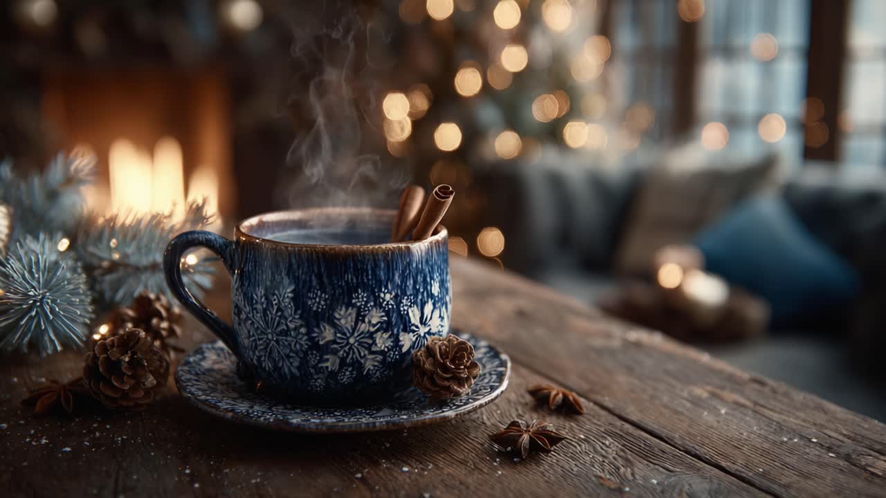 A Cozy Winter Scene Featuring a Beautifully Crafted Mug of Hot Beverage, Surrounded by Festive Decorations and Soft Lighting That Evokes Warm Holiday Vibes