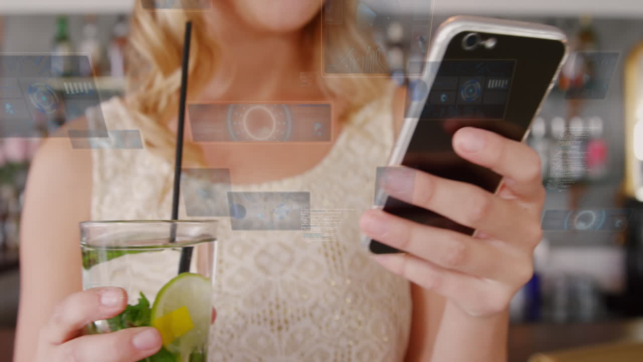 Animation of financial data processing over caucasian woman using smartphone