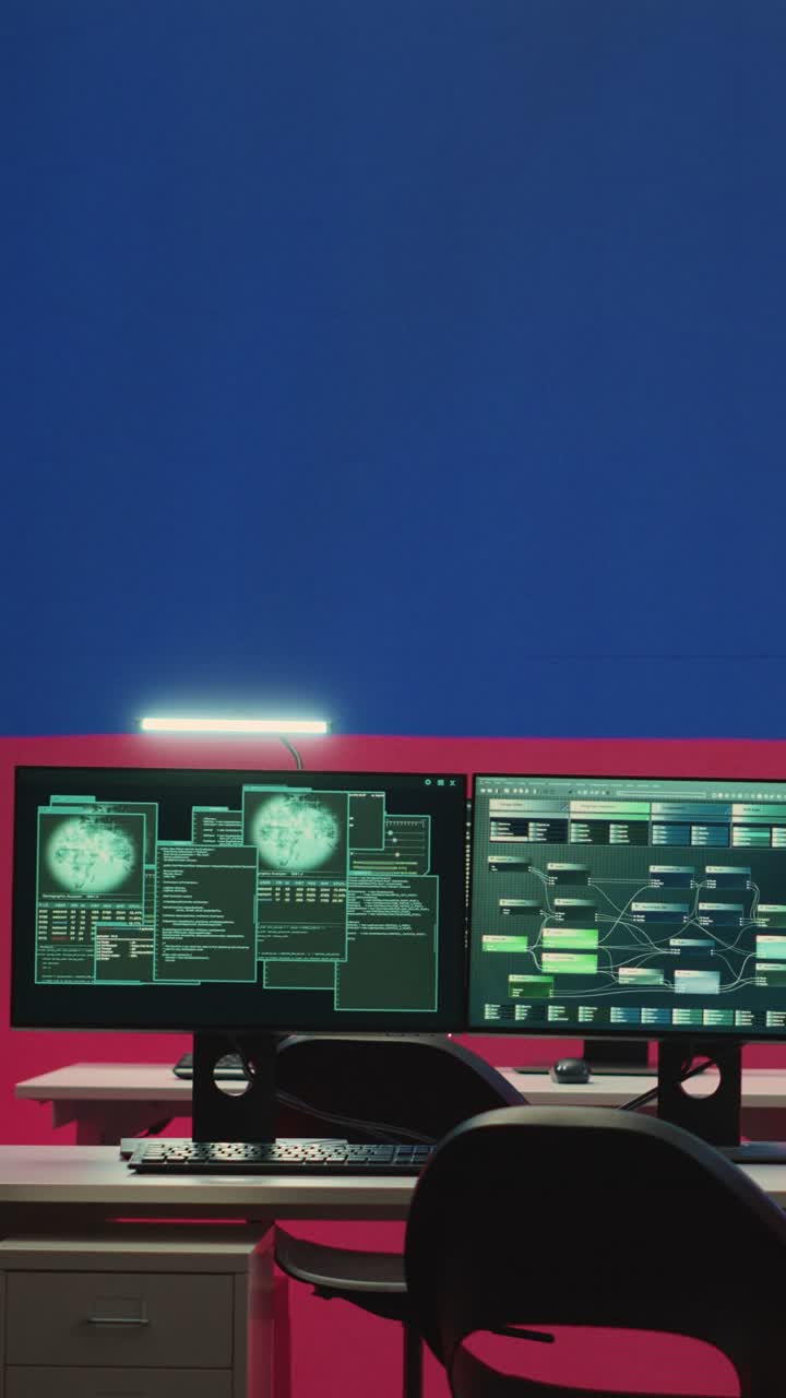 Workstation con doppi monitor che mostrano codice e informazioni di rete