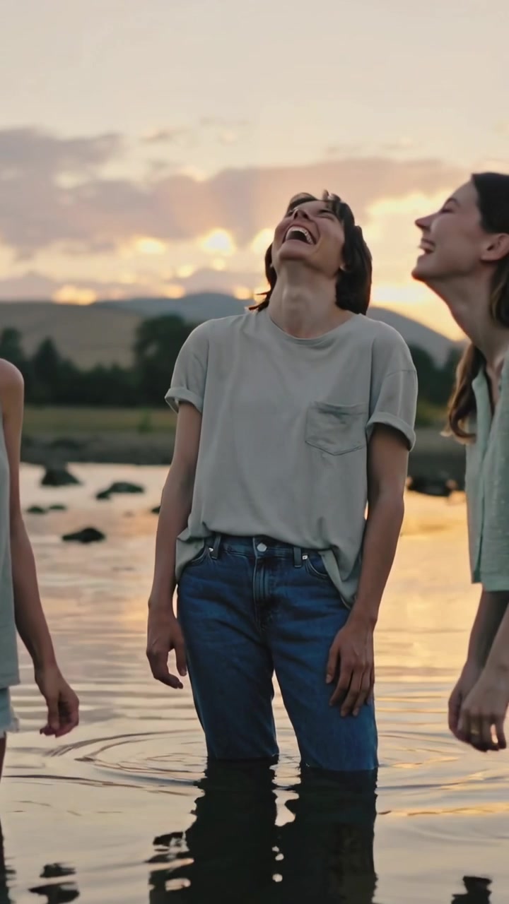 Video verticale: Amico centrale sorridente in maglietta grigia e jeans che si gira e amici che ridono si uniscono al lago al tramonto.