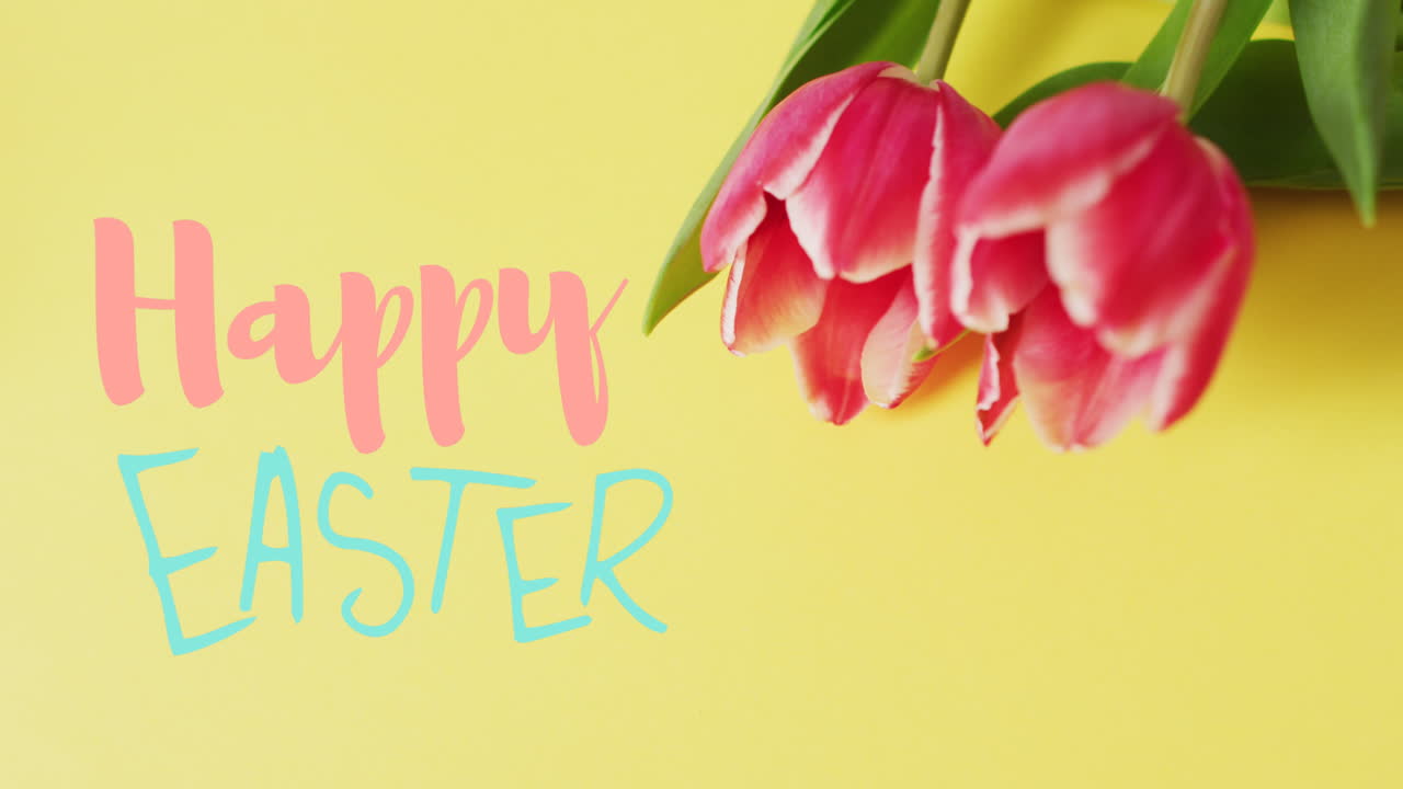 Animazione di Buona Pasqua e tulipani su sfondo giallo