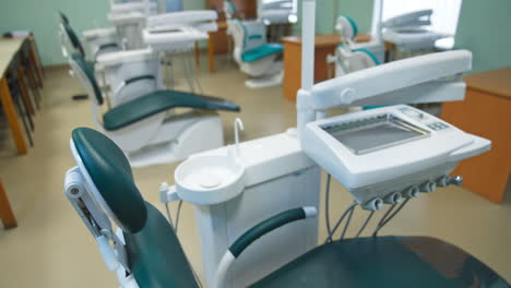 training dentist armchair for practical lessons at medical university. working place for future stomatology professionals.