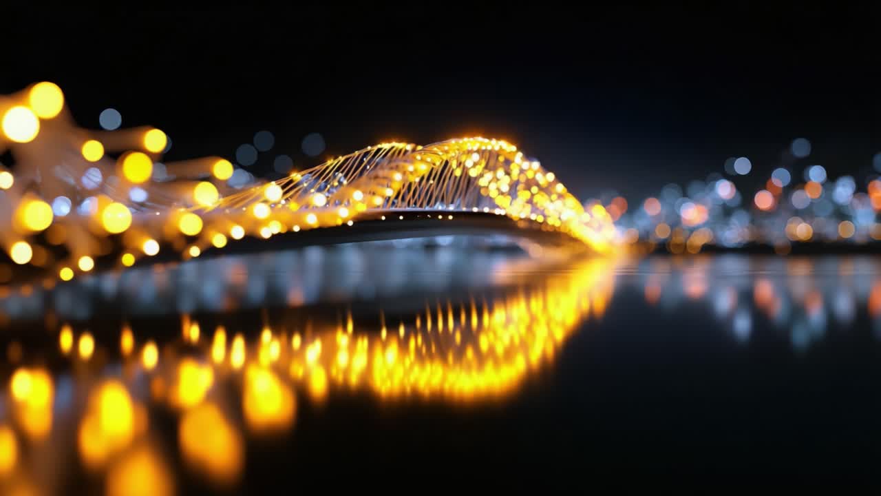 Splendida vista notturna di un ponte illuminato da luci brillanti che si riflettono sull'acqua, creando un'atmosfera onirica in un ambiente vivace