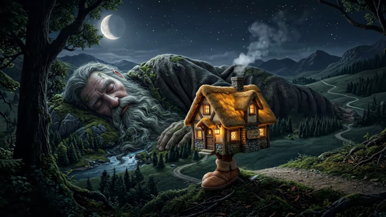 Un cottage ambulante si avvicina a un gigante addormentato in un paesaggio notturno magico
