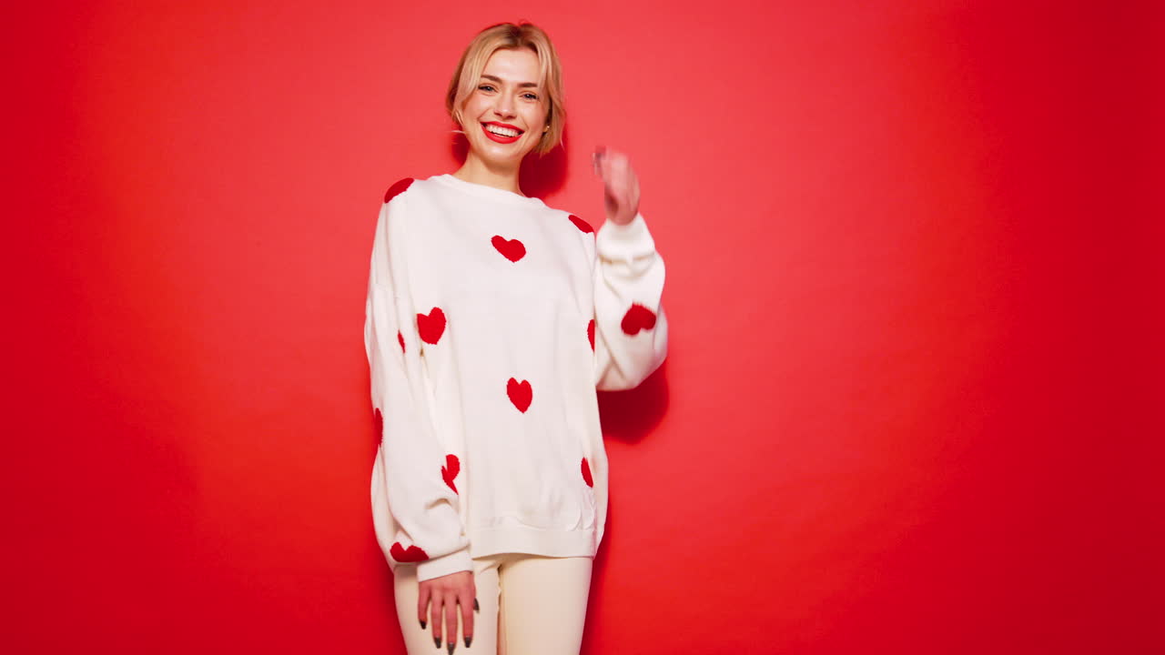 심장 모양의 스웨터를 입은 여자