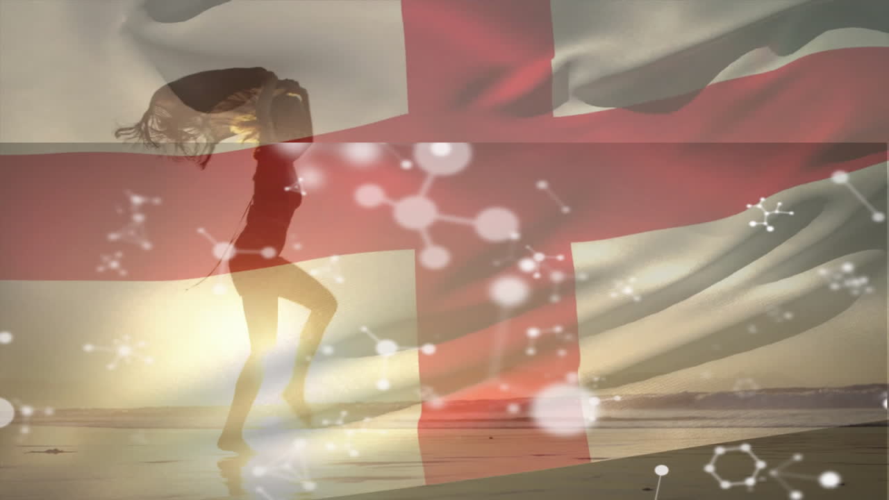 Silhouette of person running on beach over flag and molecular structures animation