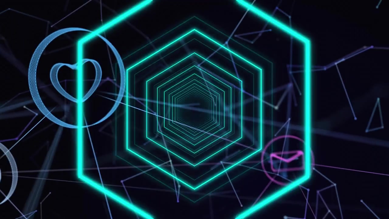 Multiple hexagons moving against black background