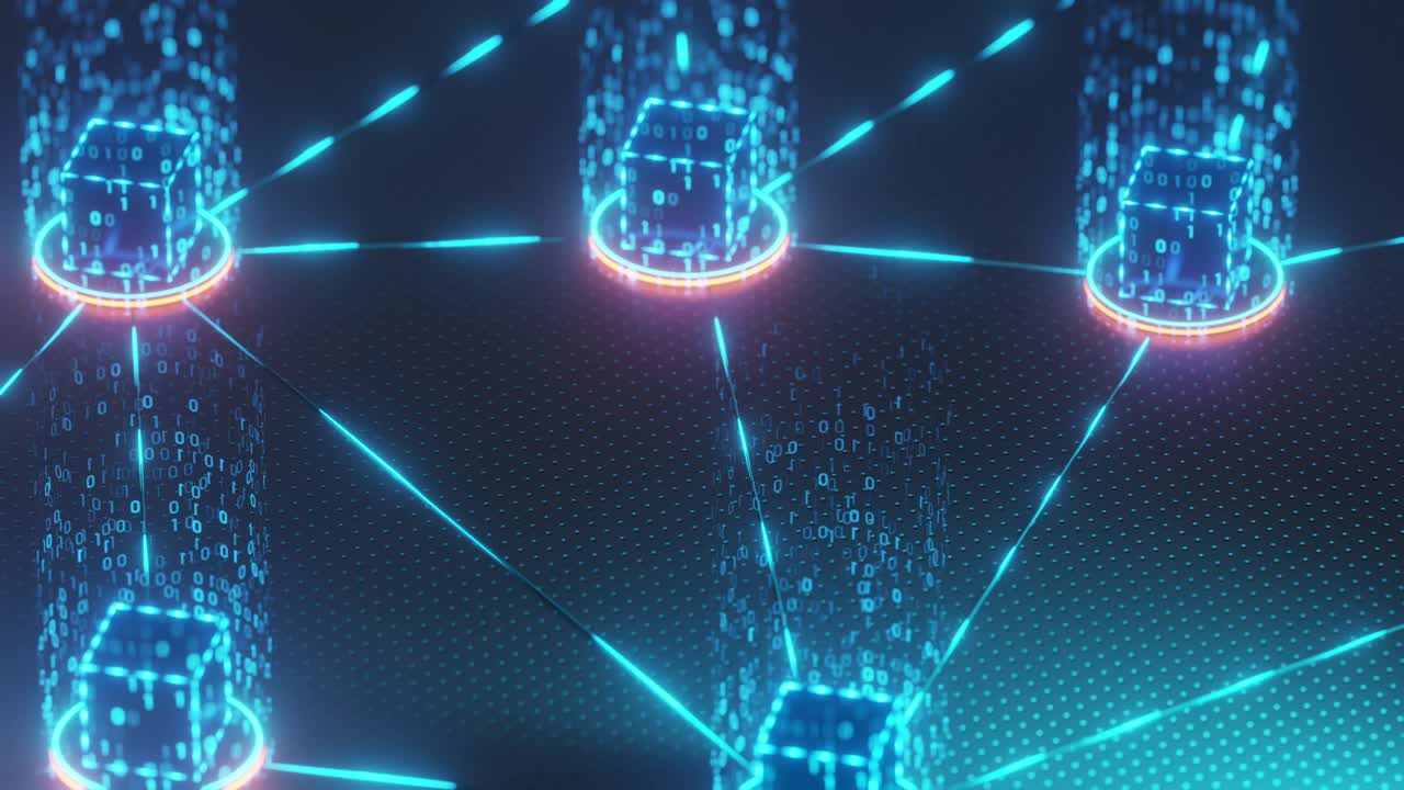 una caja de blockchain vinculada para codificar una moneda digital, formato isométrico, la cámara sigue moviéndose.