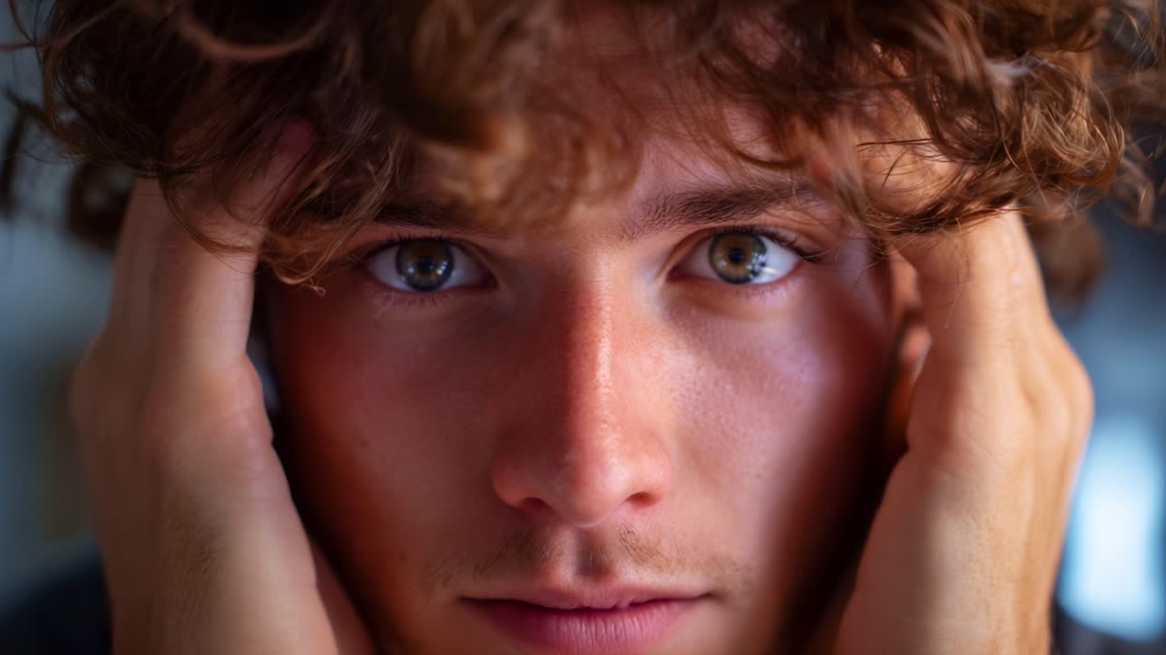 Un giovane uomo con i capelli ricci mostra un momento di contemplazione e introspezione, dimostrando una gamma di emozioni attraverso il suo sguardo espressivo e la posizione delle mani