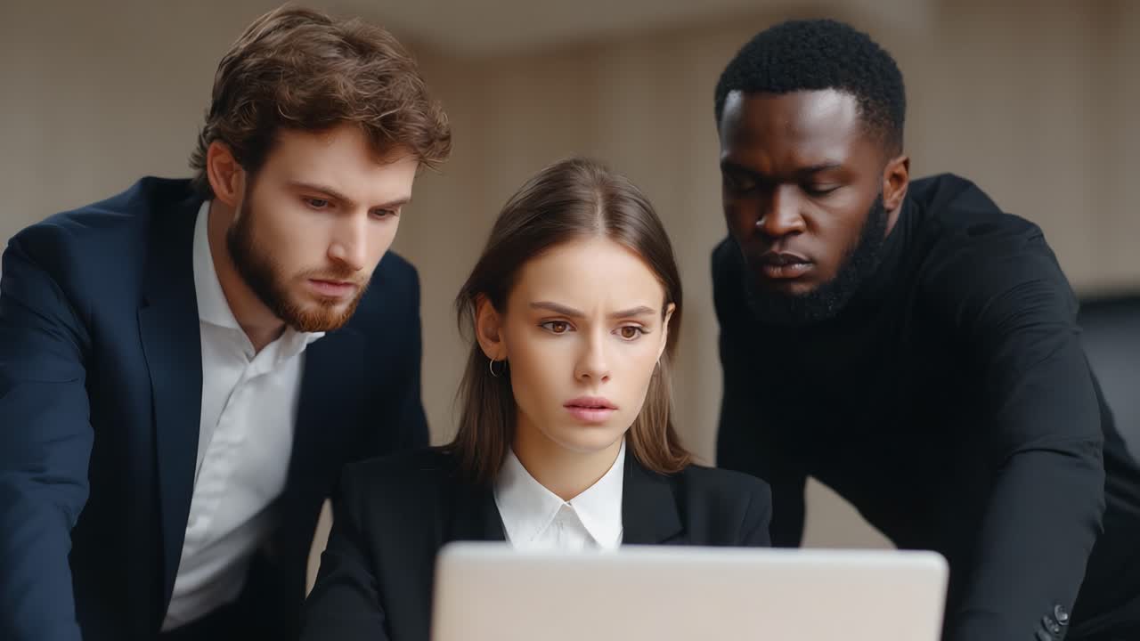 Collaborazione focalizzata del team: un approfondimento sulla risoluzione dei problemi con tre professionisti che analizzano intensamente i dati sullo schermo di un laptop in un moderno ambiente ufficio