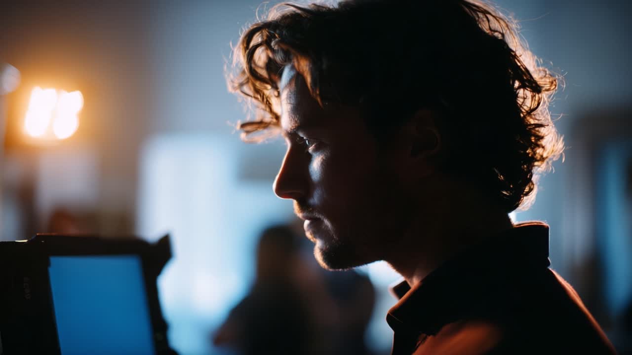 A contemplative moment captured in soft lighting, highlighting the silhouette of a person with curly hair engaged in thought near a recording device