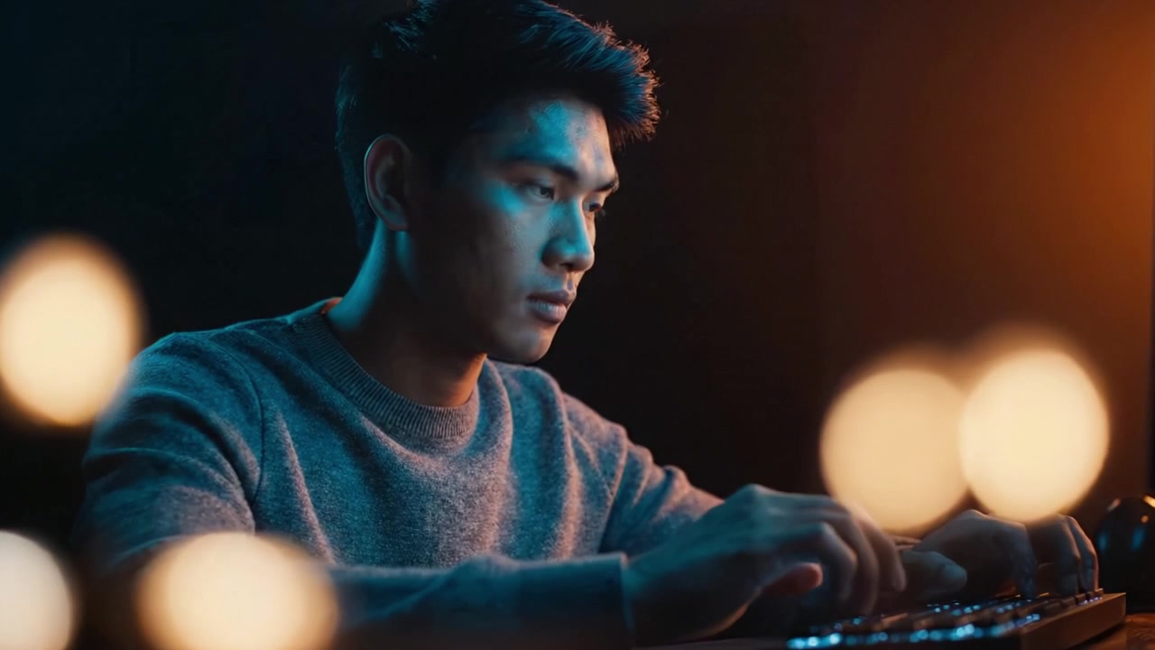 Giovane uomo concentrato che digita su una tastiera in una stanza illuminata delicatamente, mostrando intensa concentrazione e creatività in un ambiente di lavoro digitale moderno.