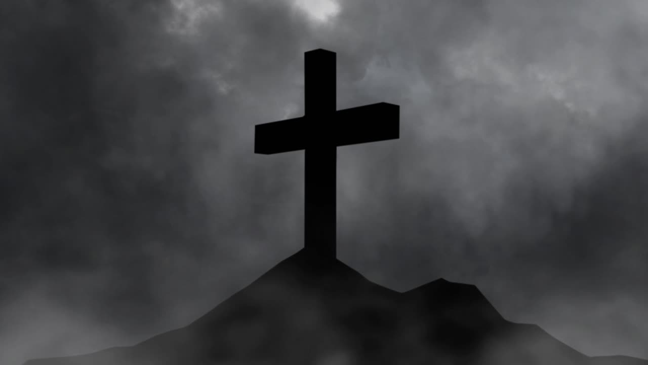 검은 구름을 배경으로 한 돌의 십자가의 실루, 울트라 hd