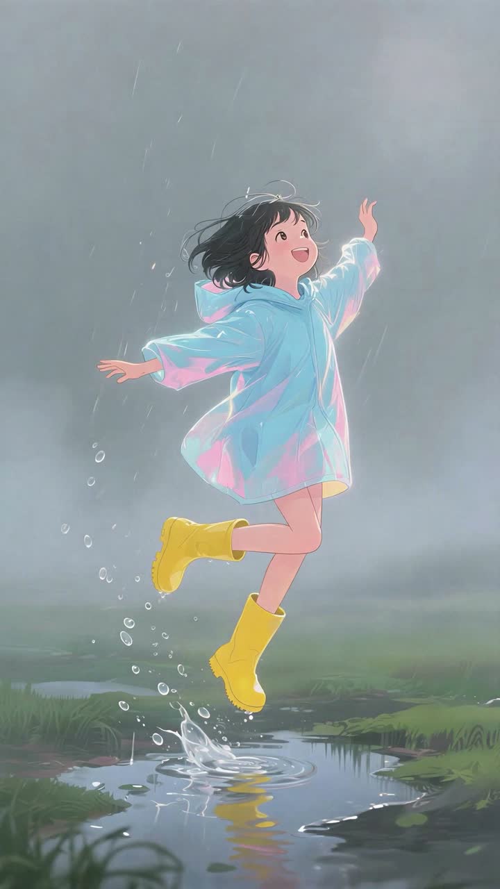 Girl jumping in puddles with rain boots