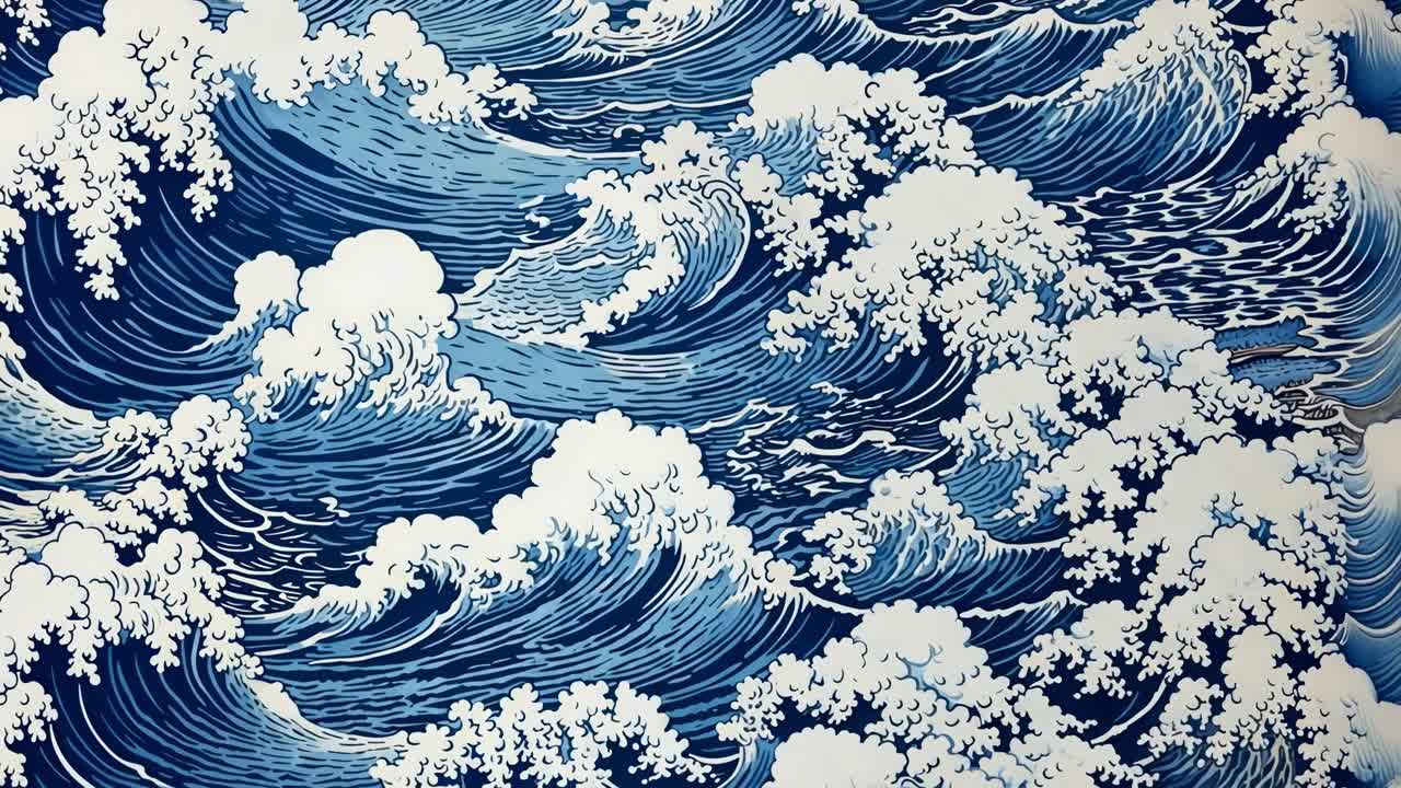 Vue aérienne de vagues océaniques stylisées dans un style d'art japonais traditionnel, rappelant un classique