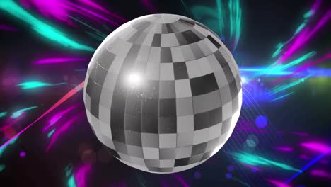 Animation-of-mirror-ball-rotating-over-moving-purple-and-blue-lights